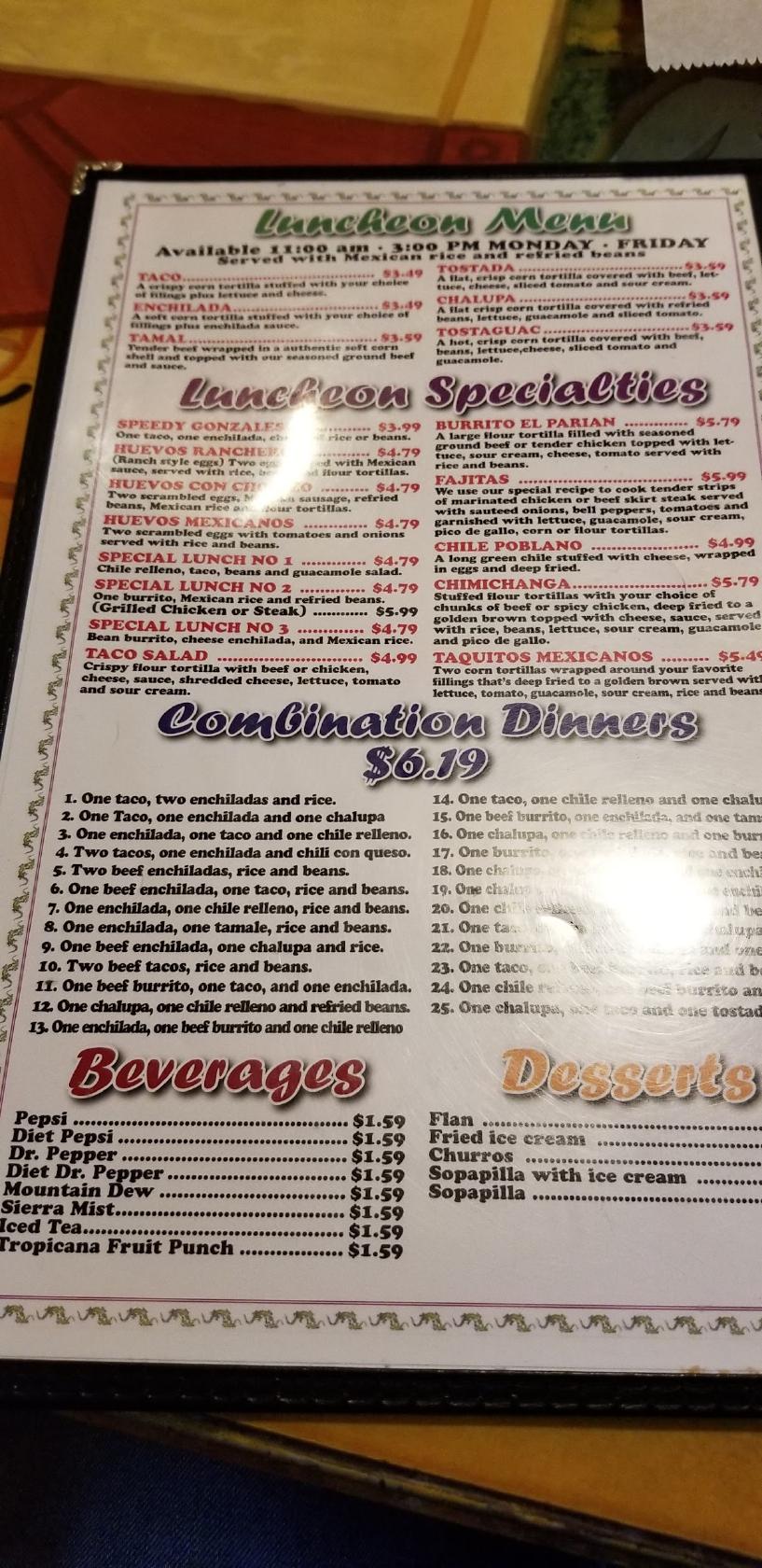Carta del restaurante El Parian, Dardanelle