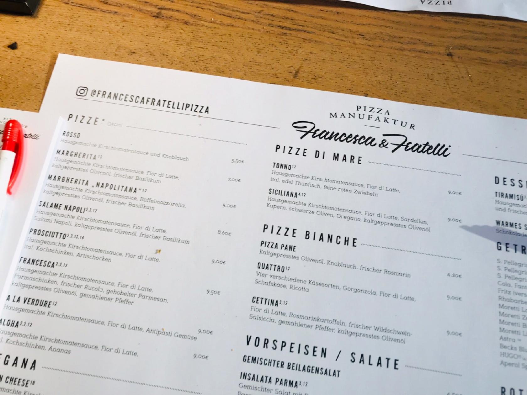 Speisekarte Von Francesca Fratelli Nordstadt Pizza Hannover