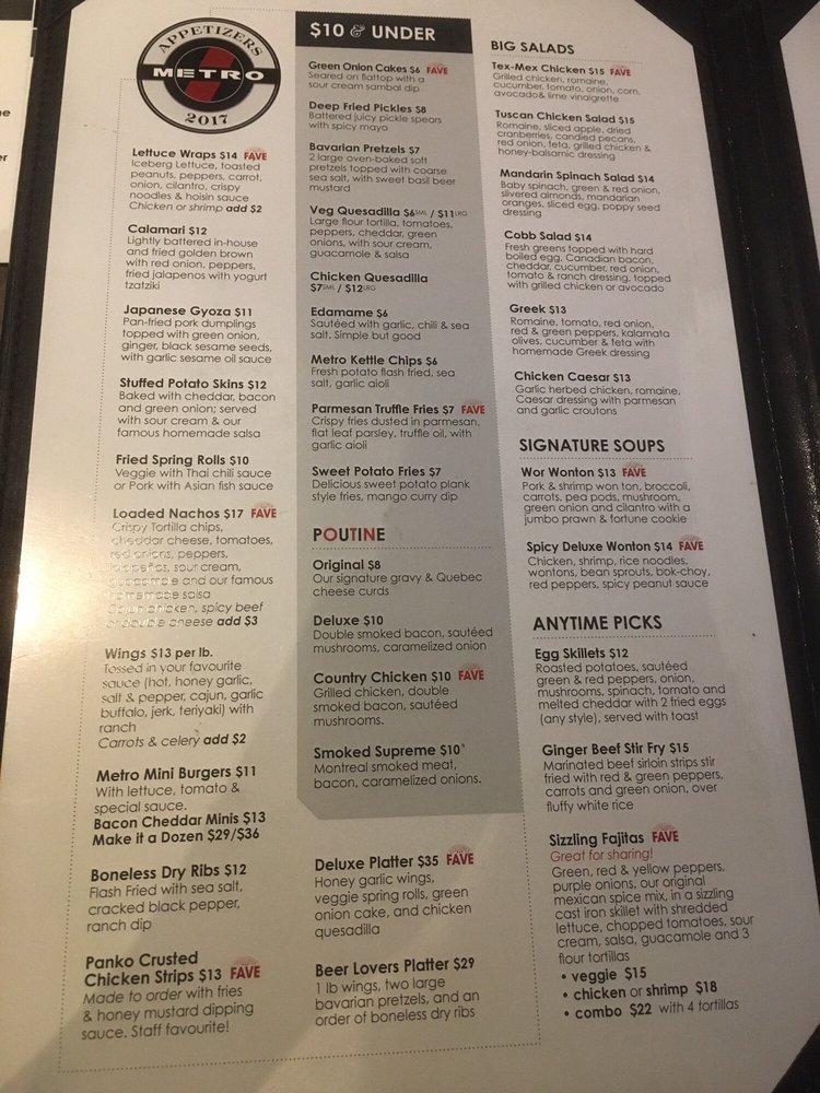 Menu au Metropolitan Billiards pub et bar, Edmonton, Stony Plain Rd