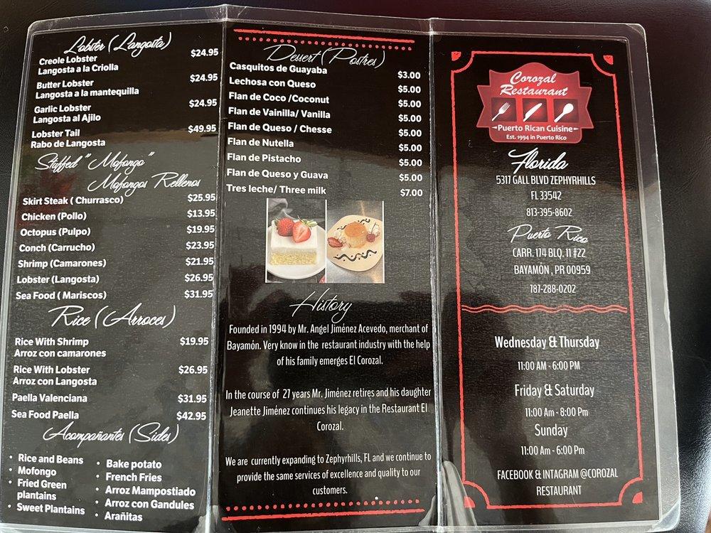 Menu at Corozal Restaurant, Zephyrhills, Gall Blvd