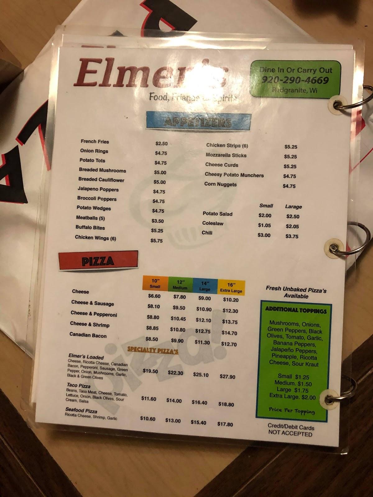 Menu at Elmer's Place pizzeria, Redgranite