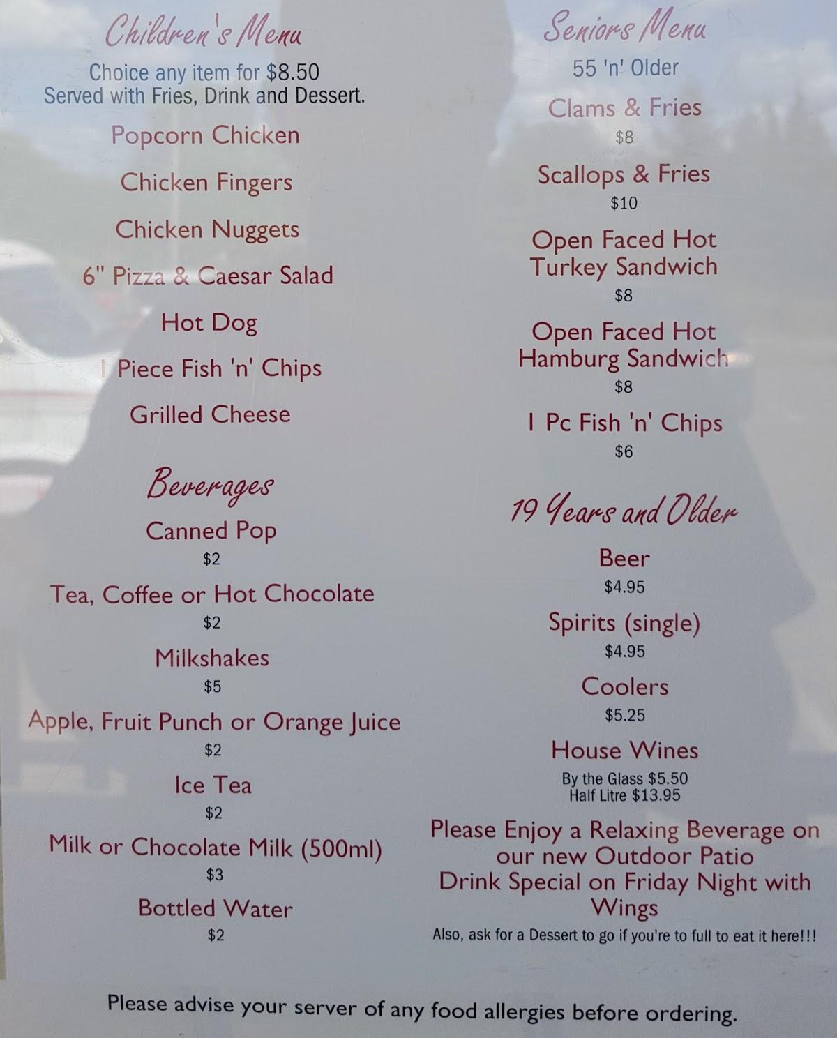 Menu at Diane's restaurant, Five Islands