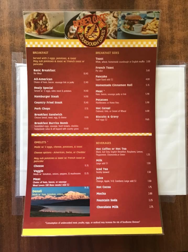 Menu at Rose's Cafe, Healy