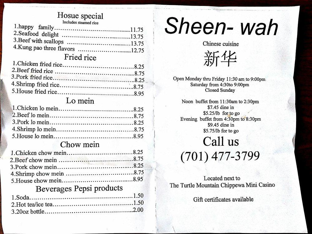 Menu at Chinese Sheen Wah Restaurant, Belcourt