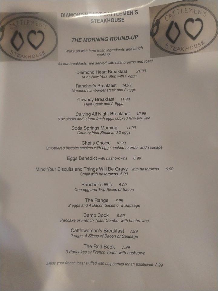 Menu at Diamond Heart Cattlemen's Steakhouse soda springs, Soda Springs