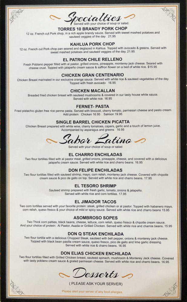 Menu at Don Q's steakhouse, Atascadero