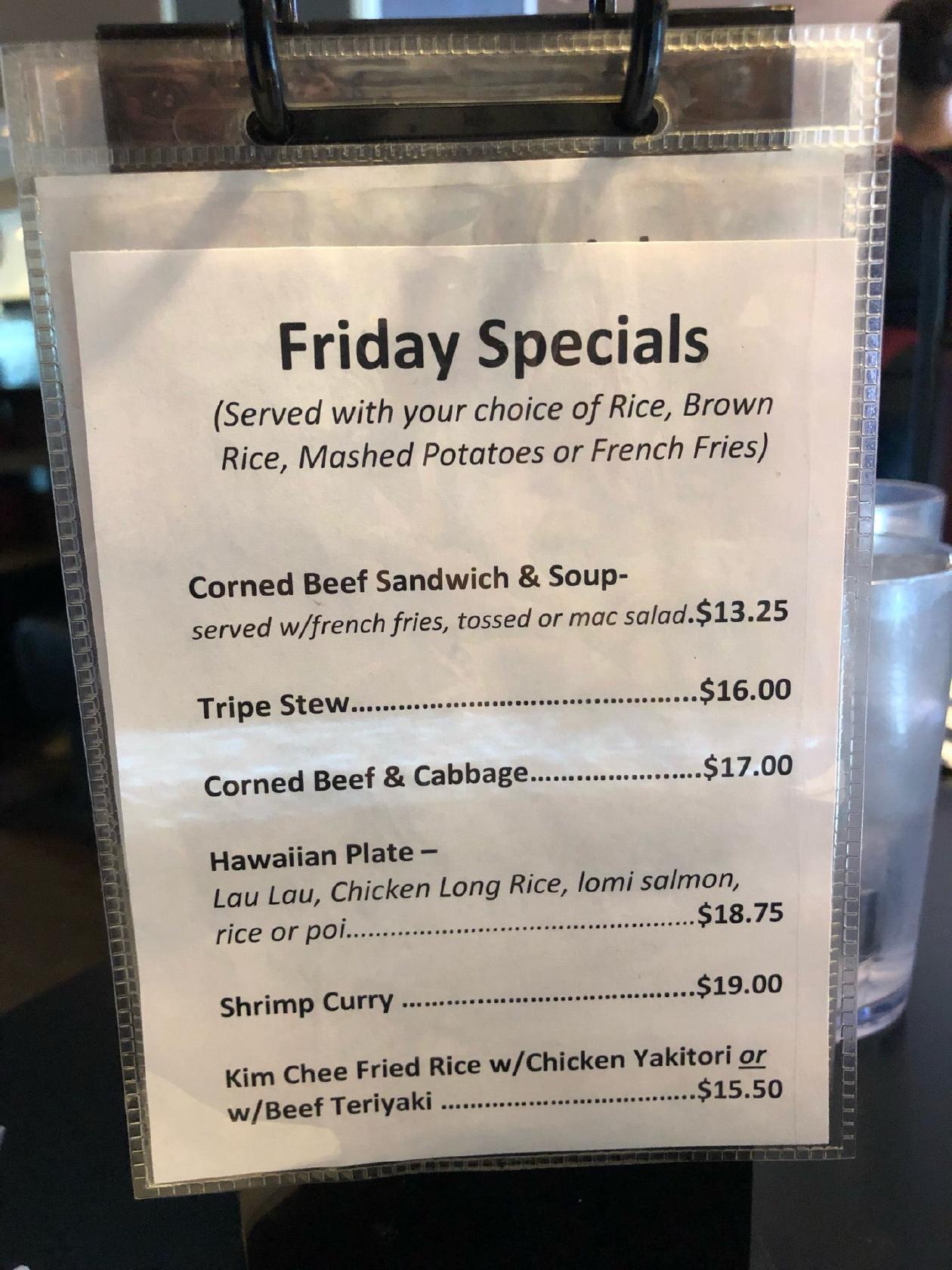 Menu at Eagle Cafe, Honolulu