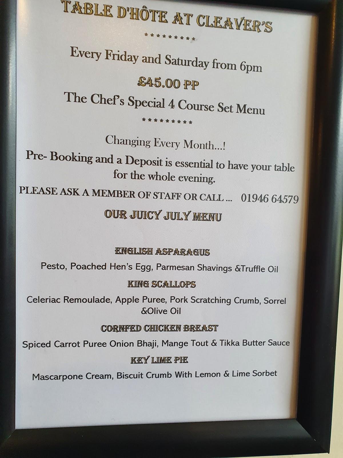 Menu at Cleaver's Wine & Dine restaurant, Whitehaven