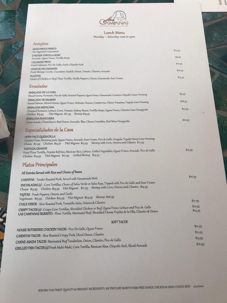 Menu at Las Campanas Mexican Cuisine & Tequila Bar, Riverside, Mission