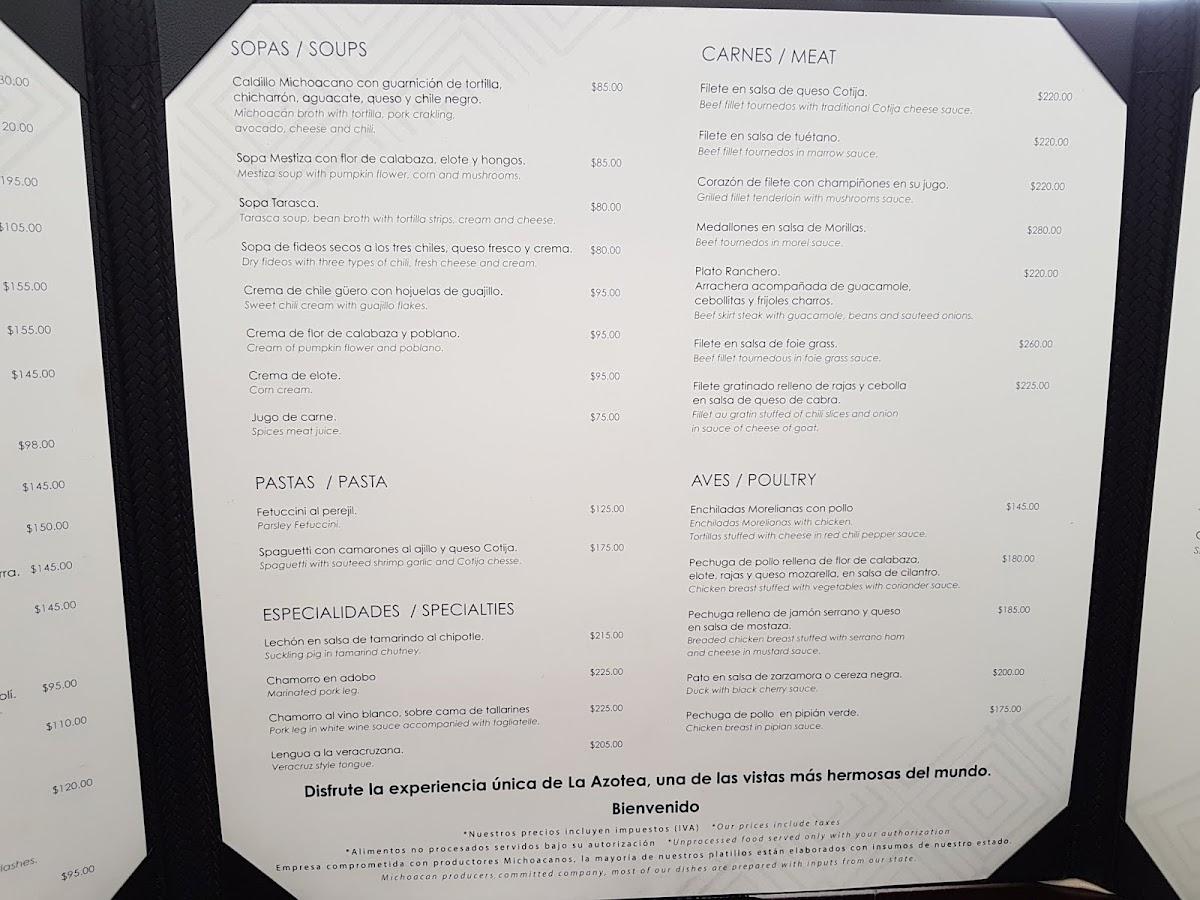 Carta de Restaurante La Azotea, Morelia