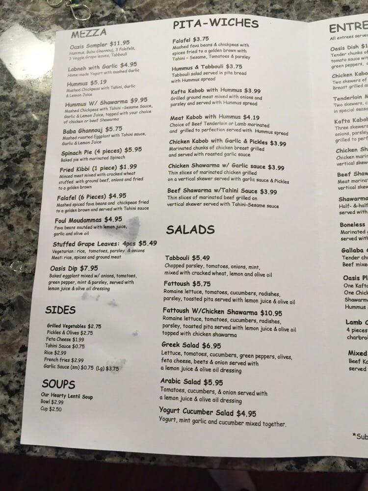 Menu at Oasis Mediterranean Restaurant, Lexington