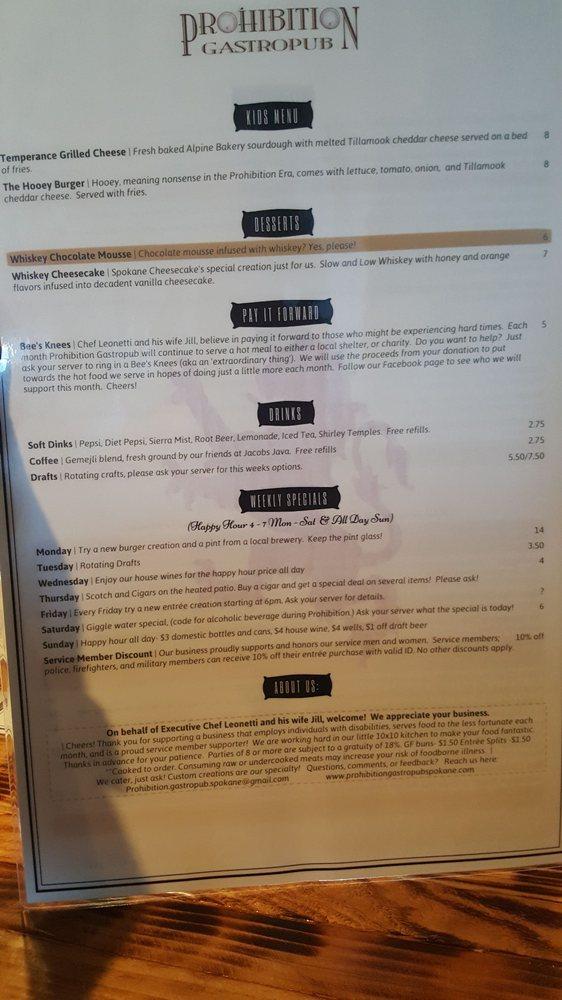 Menu At Prohibition Gastropub Spokane