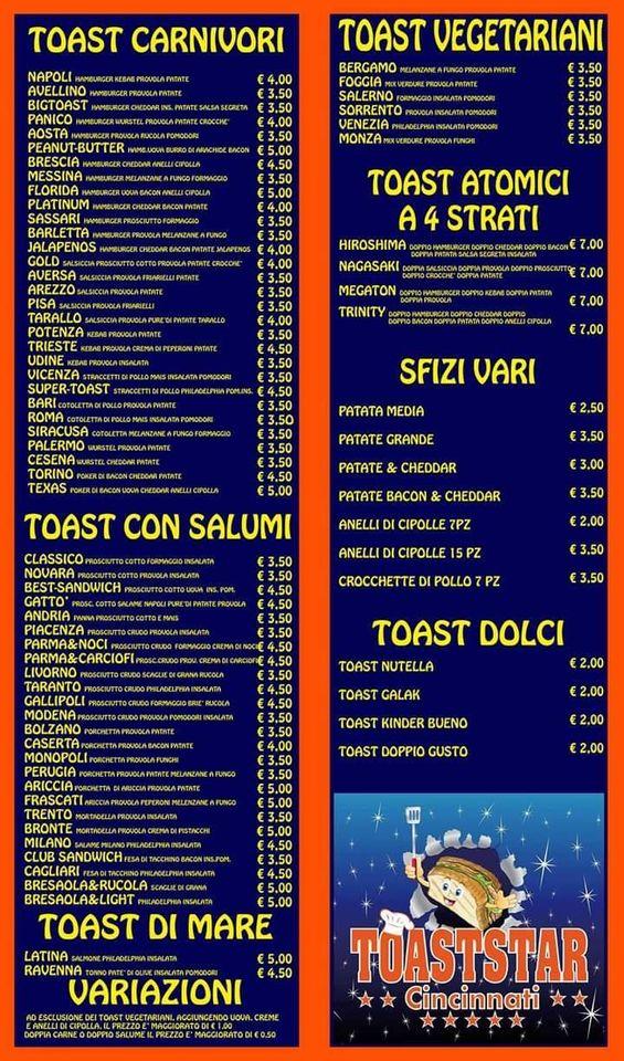 Menu di Toaststar toasteria takeaway 