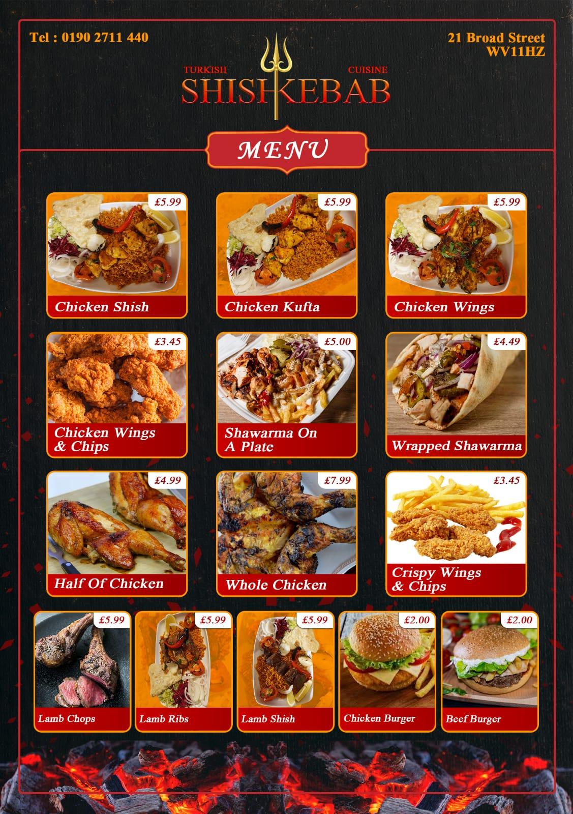 Menu at SHISH KEBAB restaurant, Wolverhampton