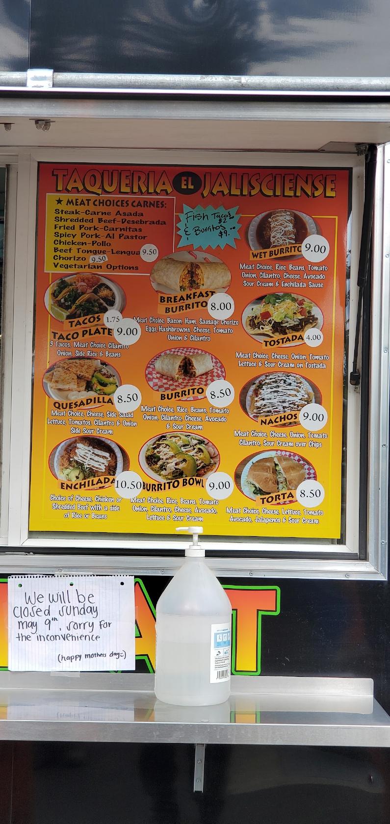 Menu at Taqueria El Jaliscience restaurant, Sandy