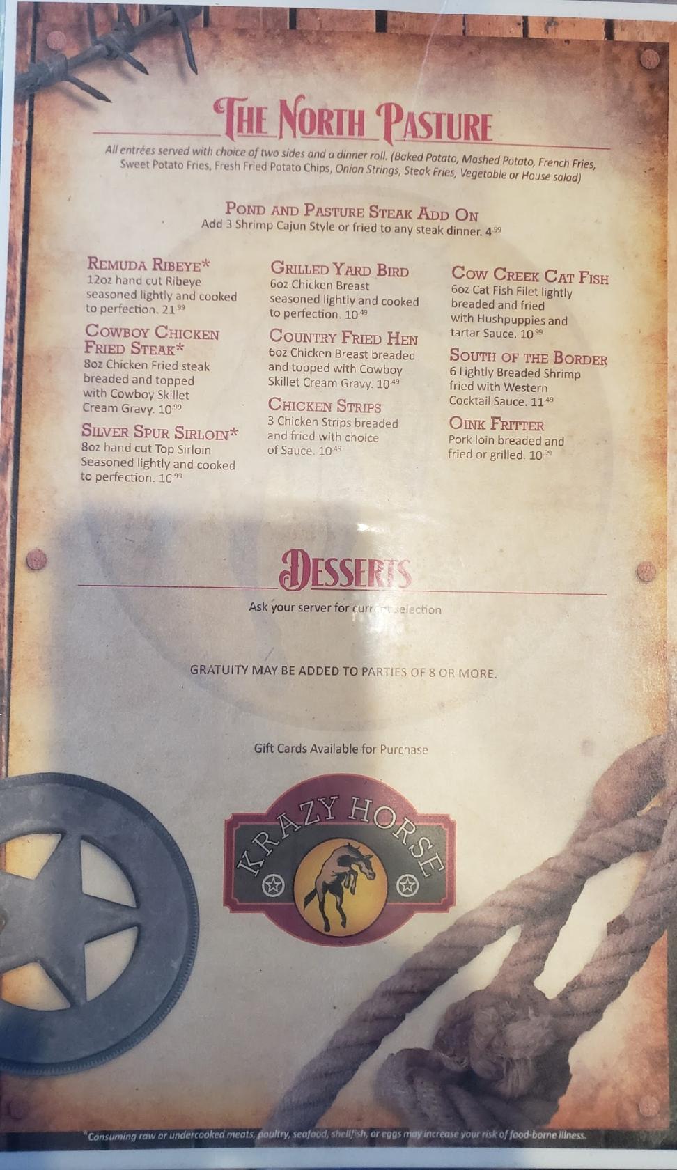 Menu at Krazy Horse pub & bar, Attica, 618 W Ave C