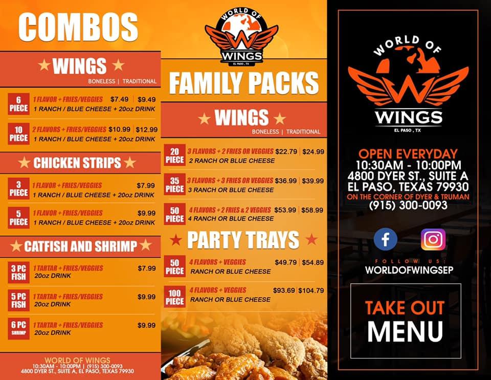 Menu at World of Wings restaurant, El Paso