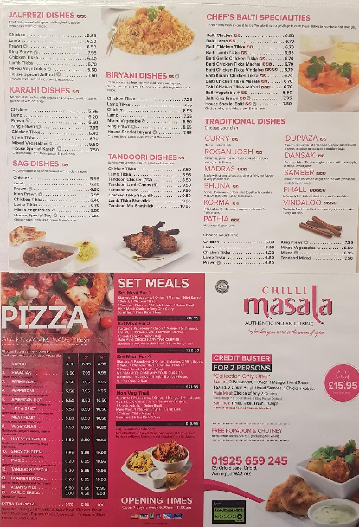 Menu at Chilli Masala restaurant, Warrington