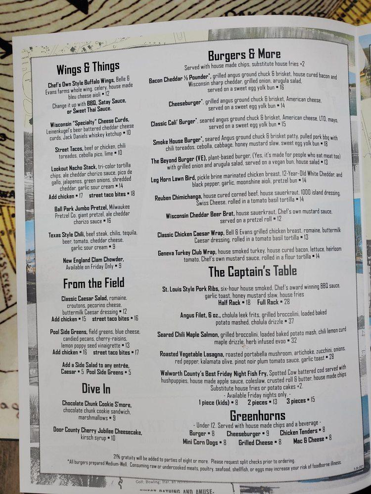 Menu at Lake Lawn Resort pub & bar, Delavan, Geneva St