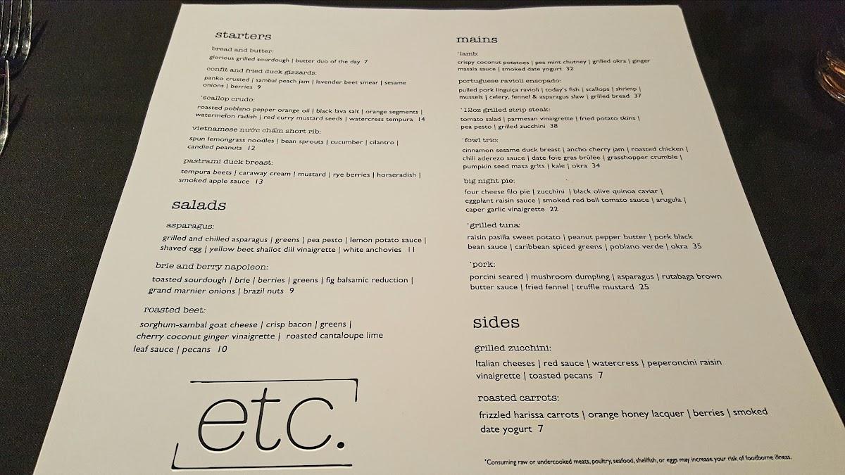 Menu at etc. restaurant, Nashville
