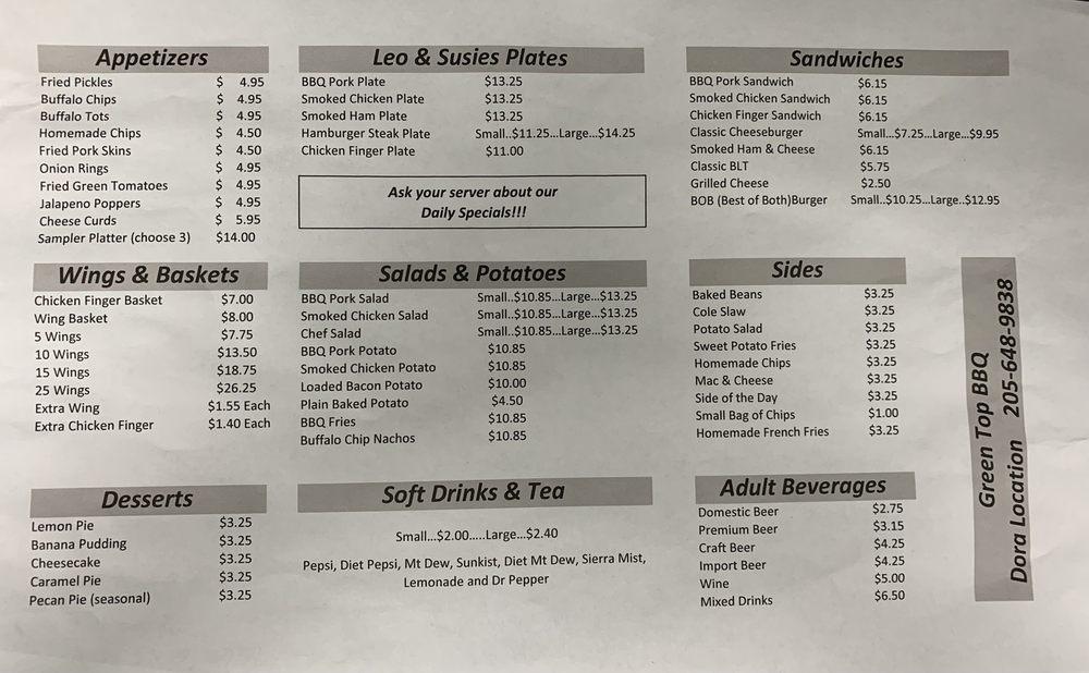 Menu at Green Top Cafe Dora BBQ, Sumiton