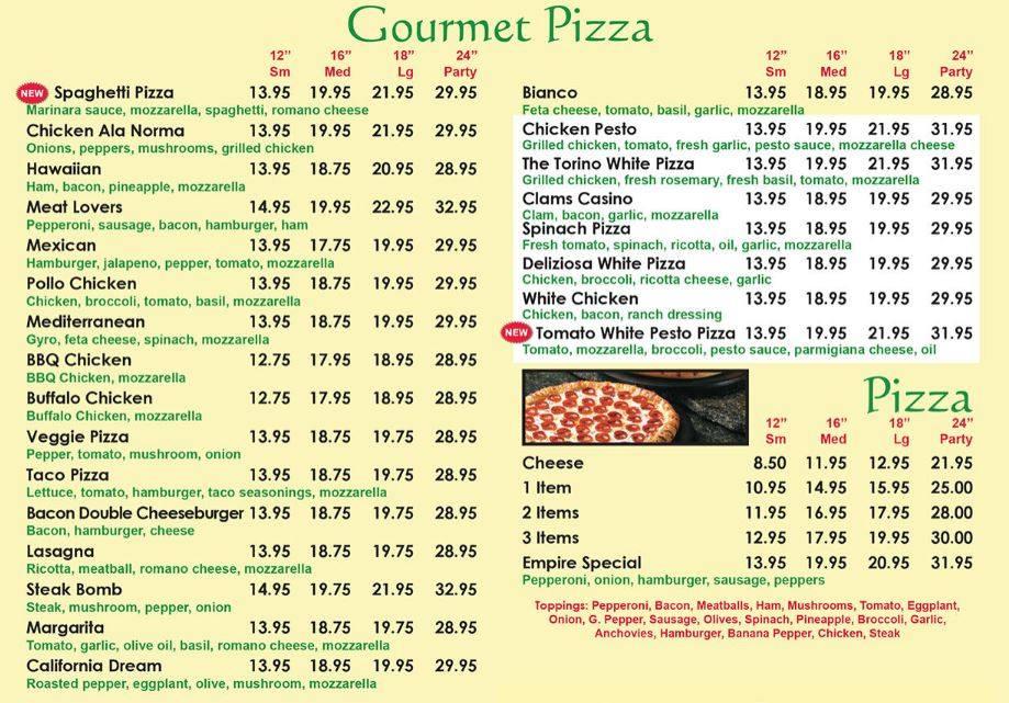 Menu at Empire Pizza pizzeria, New London, 150 Broad St