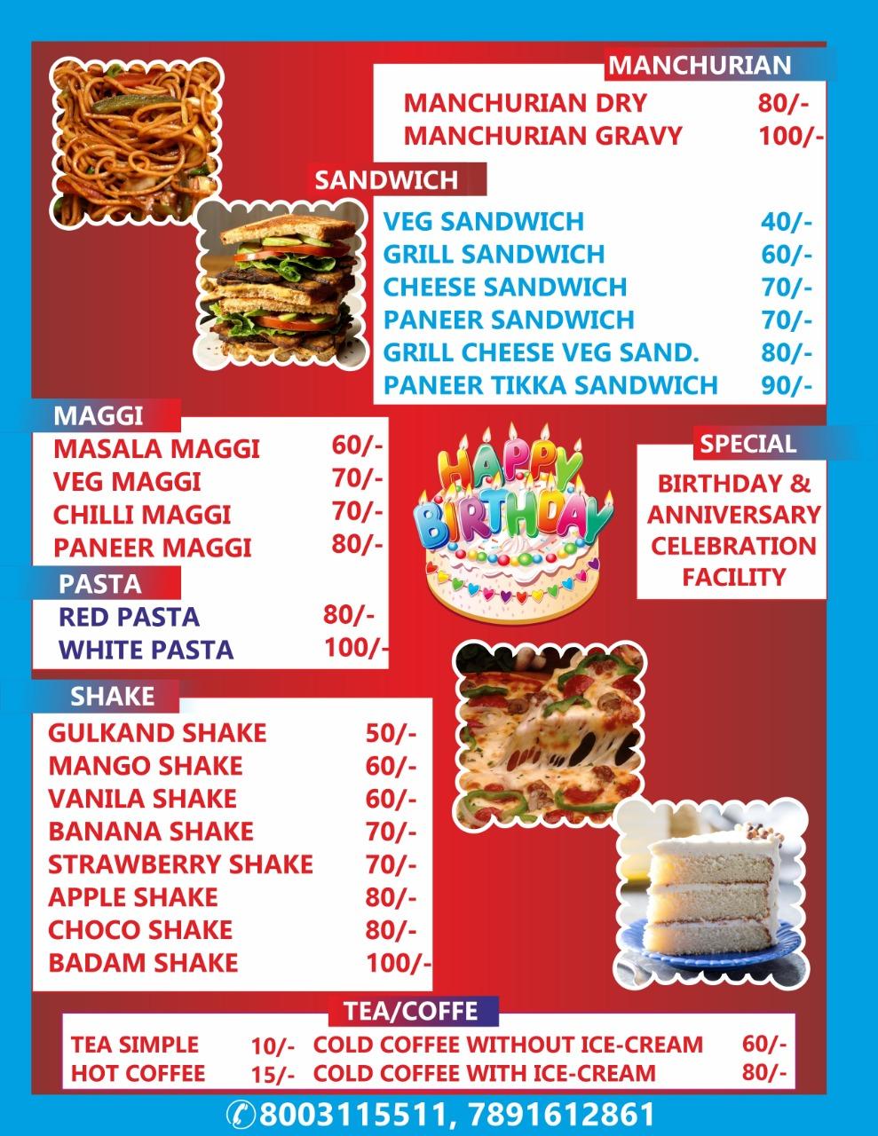 Menu at Friends point cafe, Kuchaman City