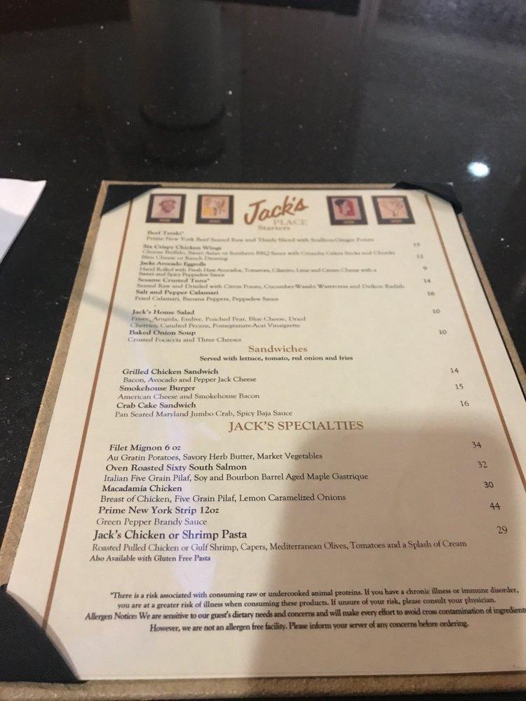 Menu at Jack's Place steakhouse, Orlando, International Dr