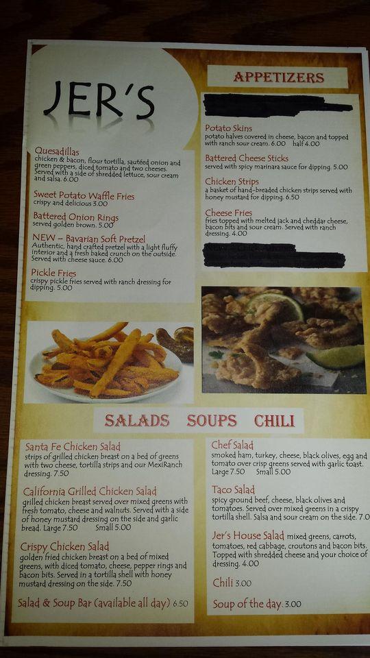 Menu at Jer's Restaurant, Marble Hill