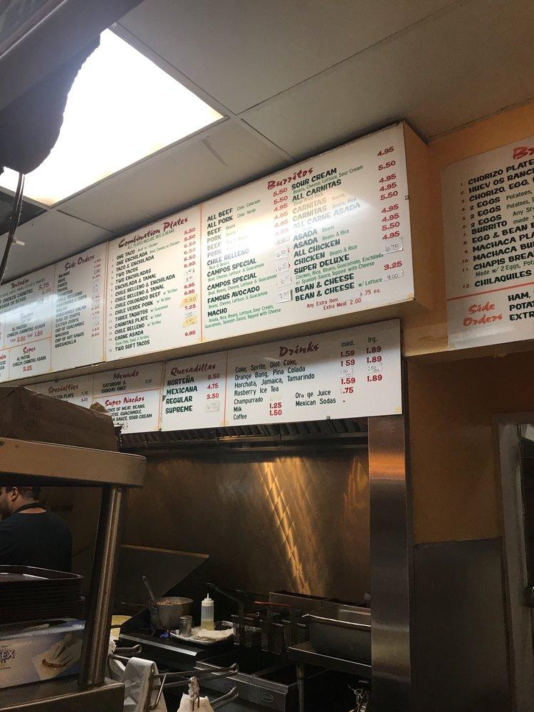 Menu at Campos Tacos restaurant, Los Angeles, S Robertson Blvd