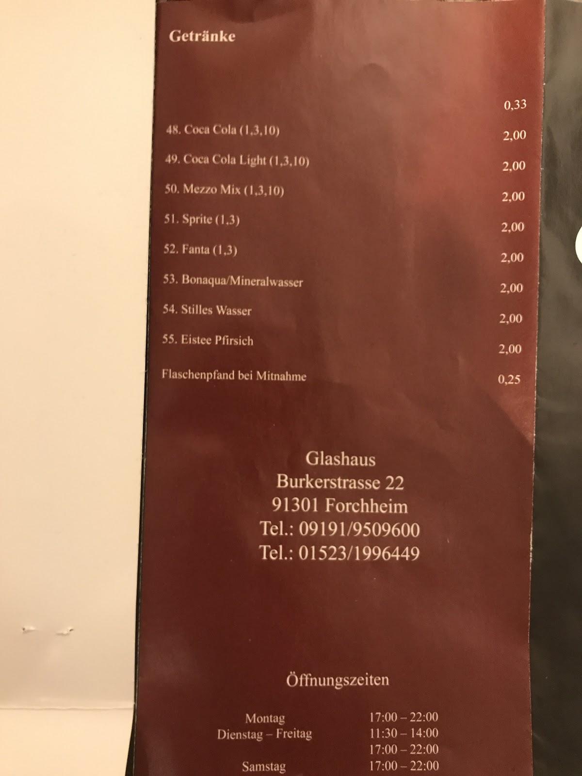 Speisekarte von Glashaus Pizzeria, Forchheim