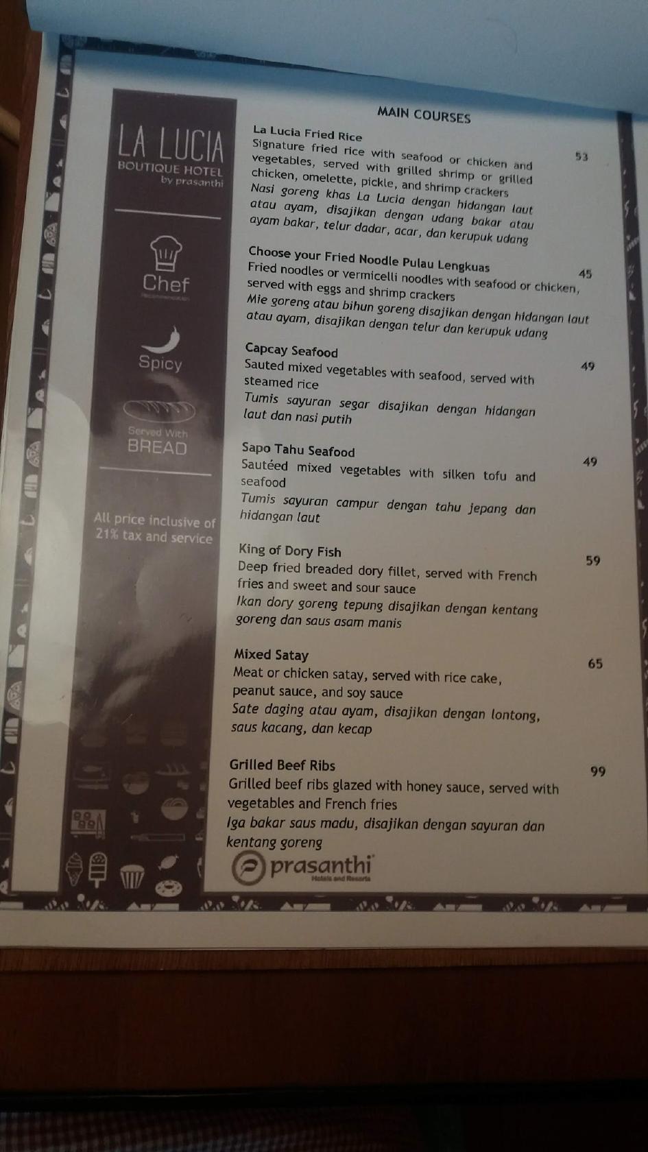 Carta de La lucia Cafe, Tanjung Pandan