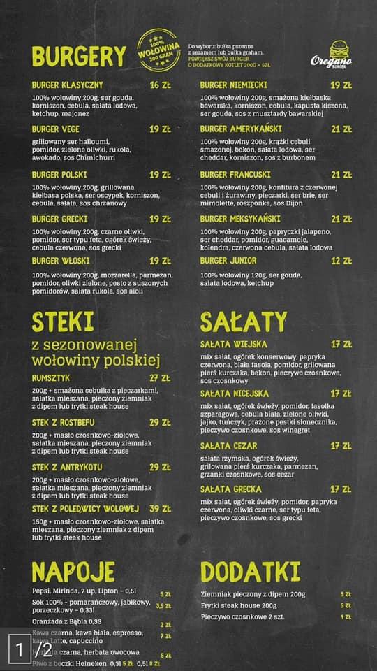 Menu at Oregano Burger restaurant, Szczecinek