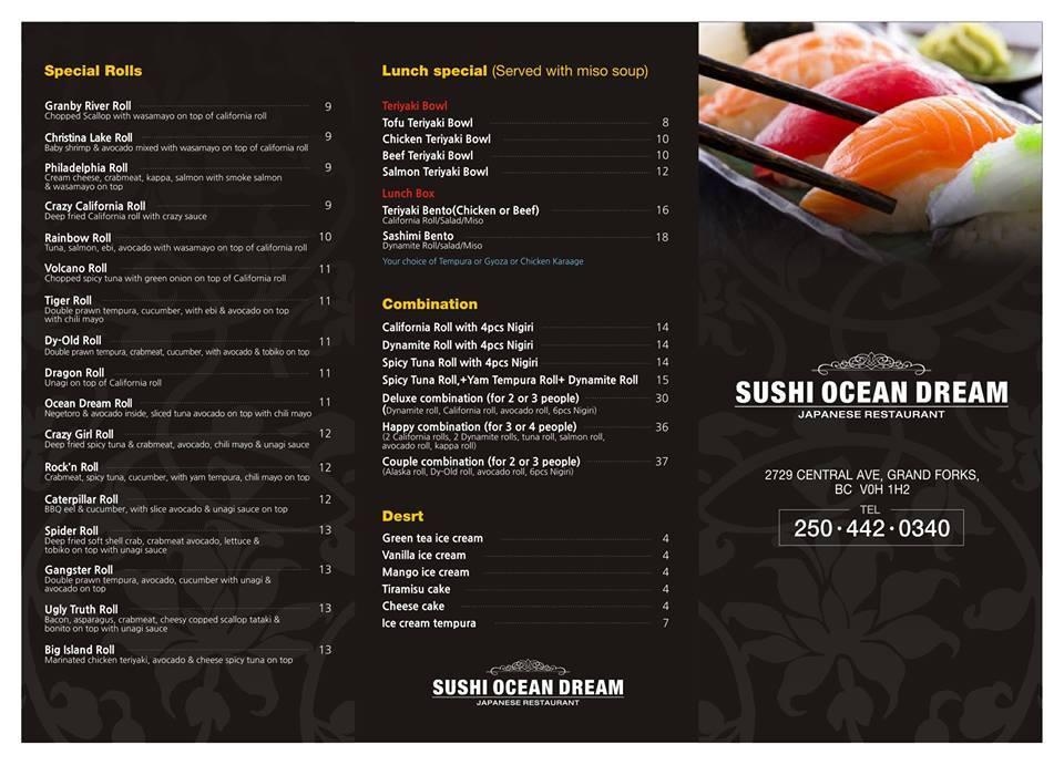 Menu at Sushi Ocean Dream restaurant, Grand Forks