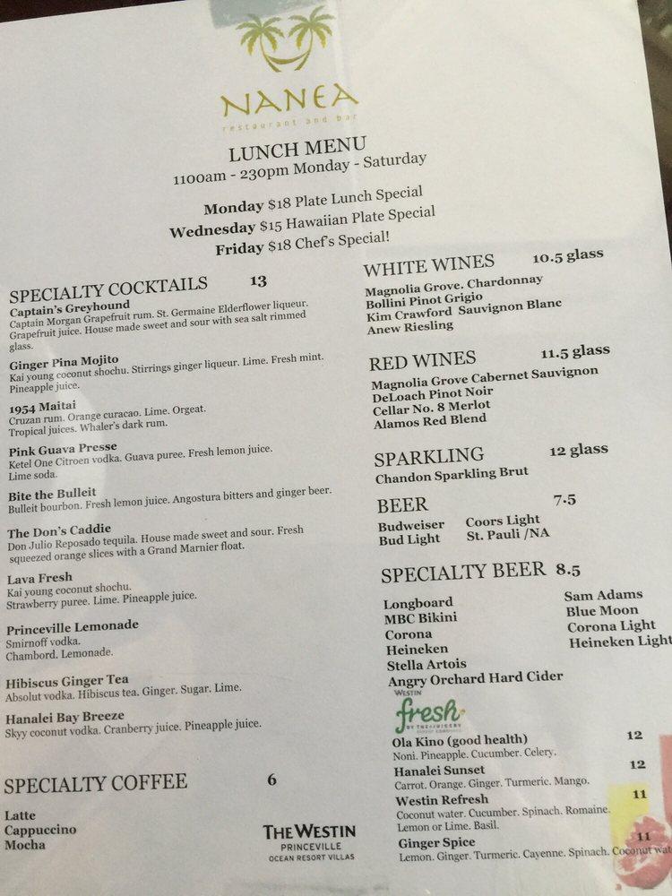 Menu at Nanea Restaurant and Bar, Princeville