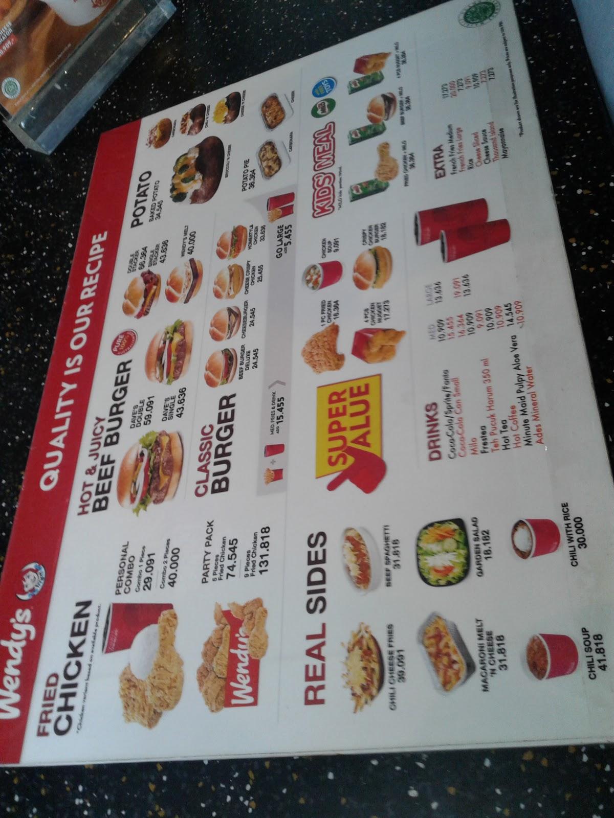 Menu at Wendy's restaurant, Padang