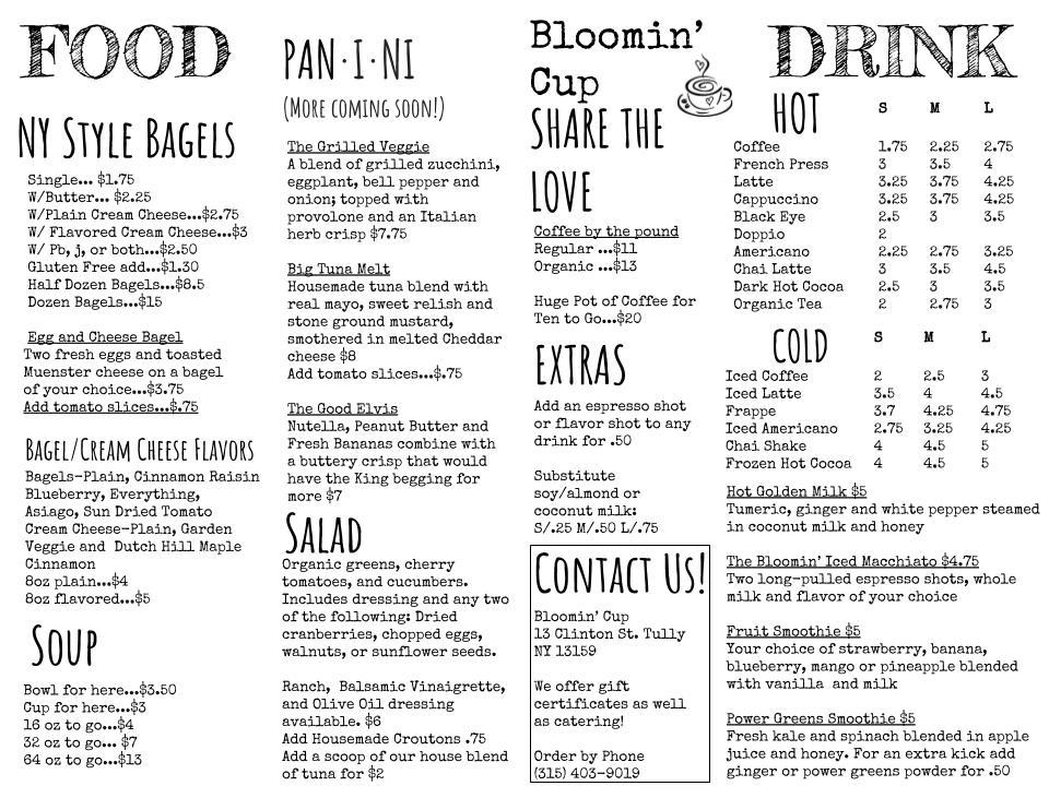 Menu at Bloomin Cup Cafe, Tully