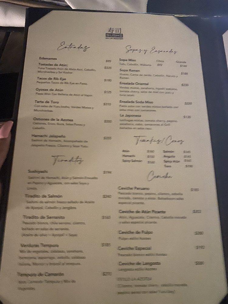 Menu at Sushi En La Azotea restaurant, Tijuana