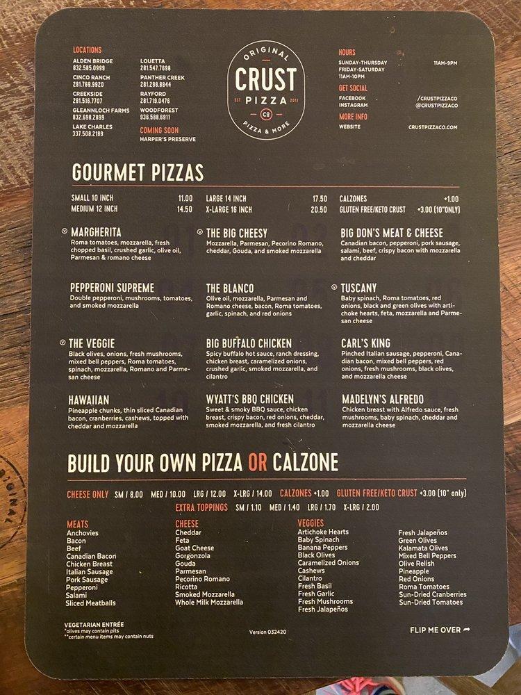 Menu at Crust Pizza Co. pizzeria, Katy