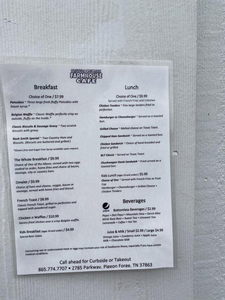 Menu at Frizzle Chicken Cafe, Pigeon
