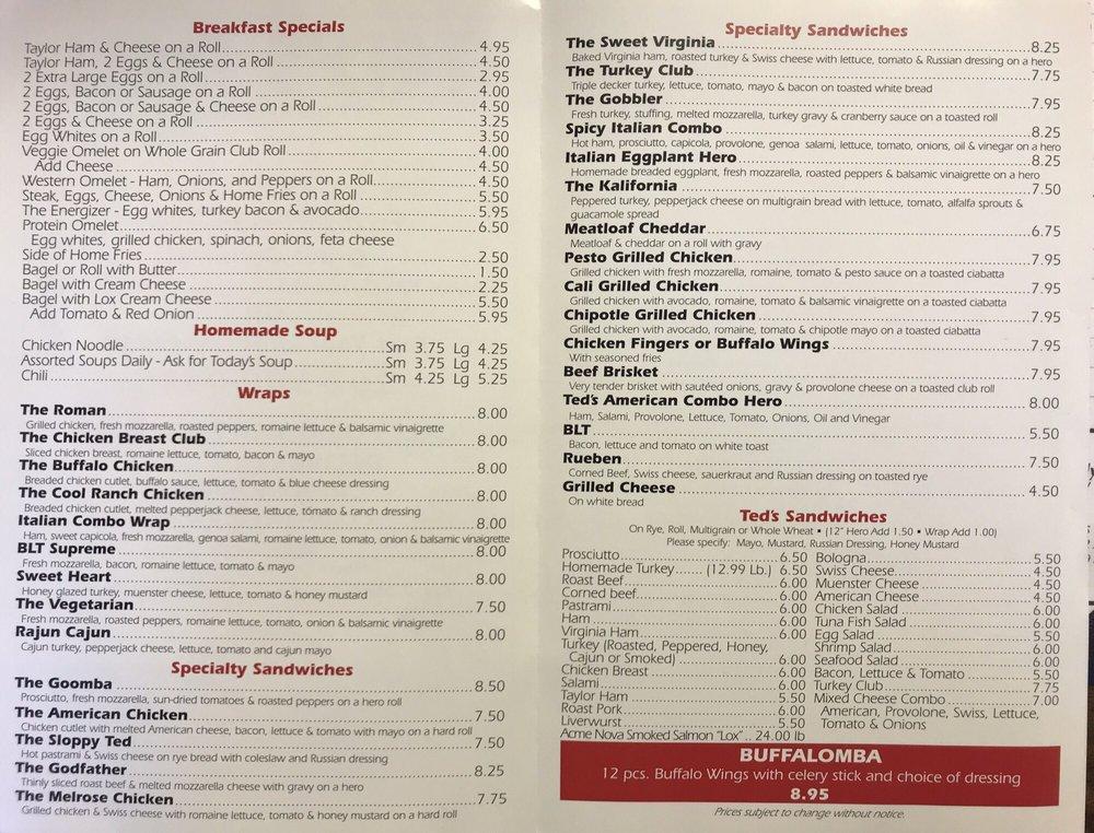 Menu at Ted's Deli restaurant, Rochelle Park