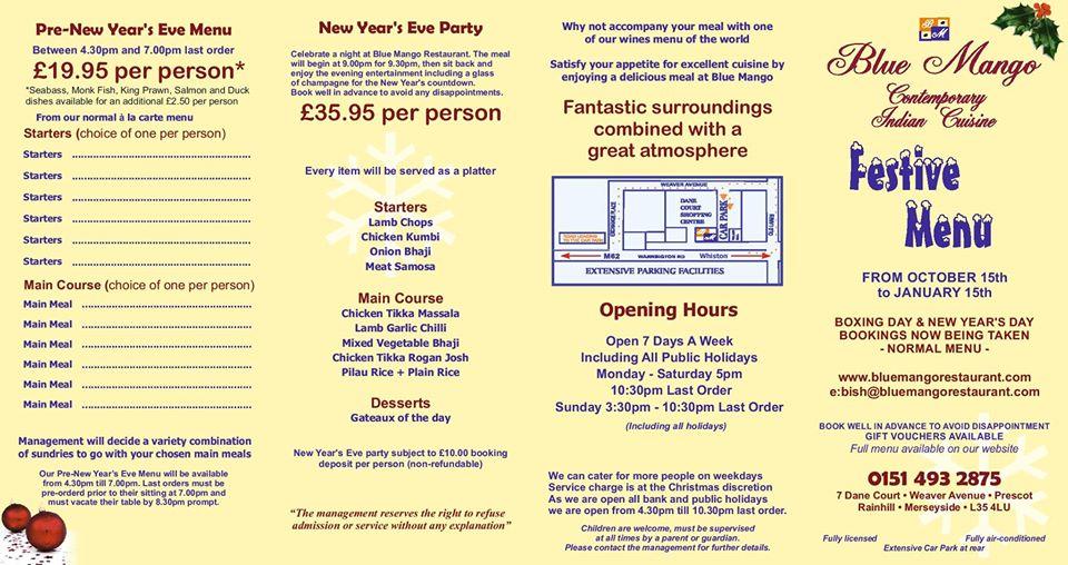 Menu at Blue Mango Restaurant, Prescot