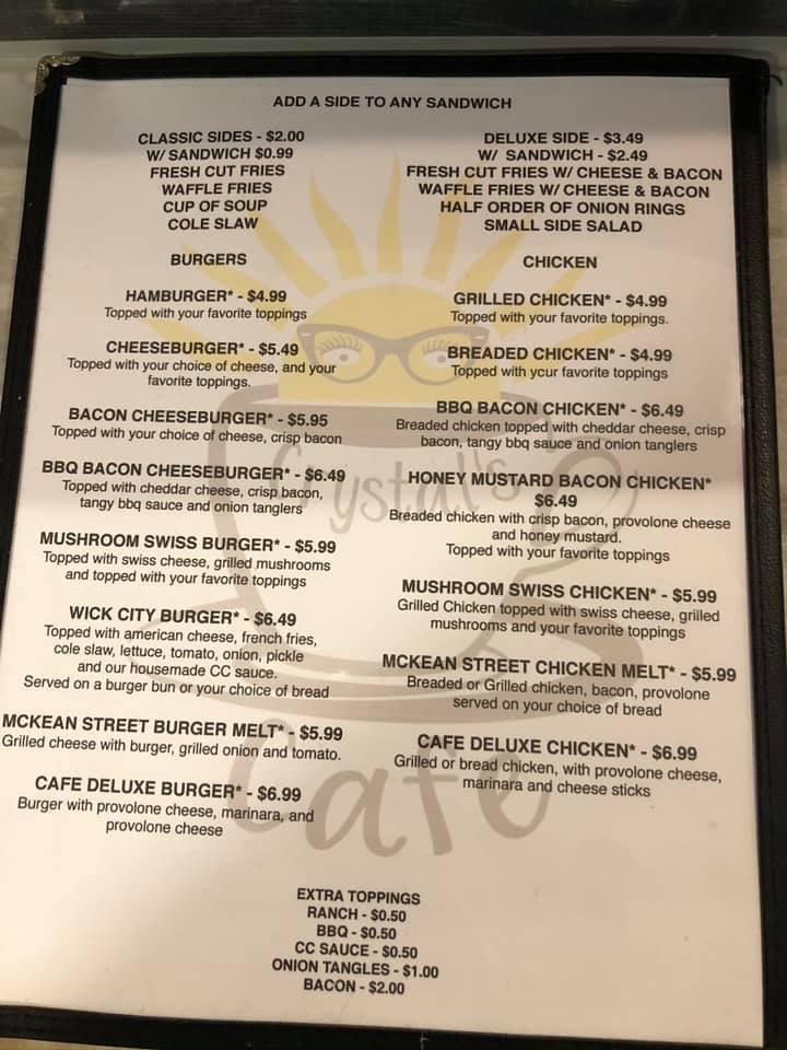 Menu at Crystal's Cafe, Kittanning