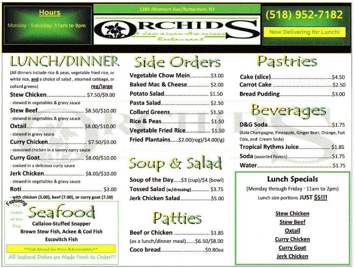 Menu at Orchids JamaicanAmerican Restaurant, Schenectady