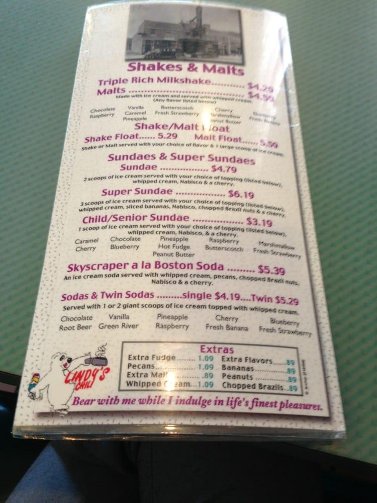 Menu at Lindy's Chili & Gertie's Ice Cream restaurant, Bridgeview, W