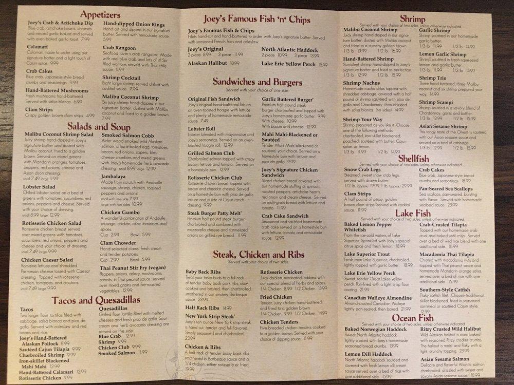 Menu At Joeys Seafood And Grill Restaurant Houghton