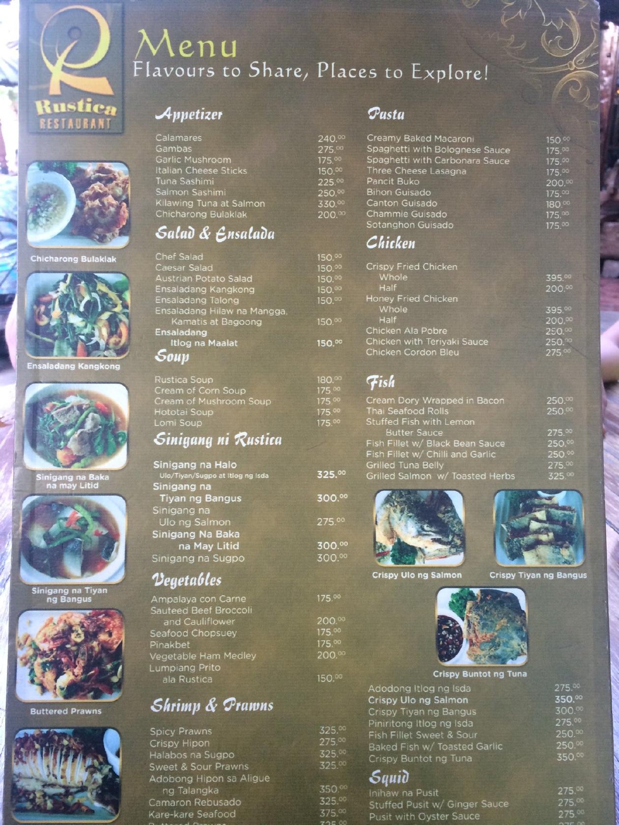 Menu at Rustica restaurant, Tarlac City