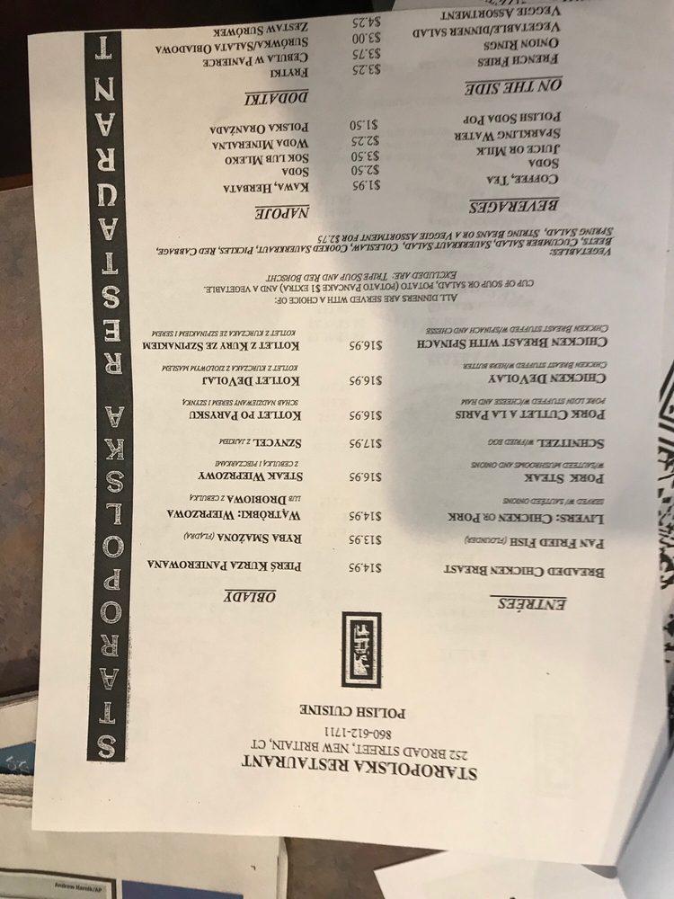 Menu at Staropolska Restaurant, New Britain, 252 Broad St