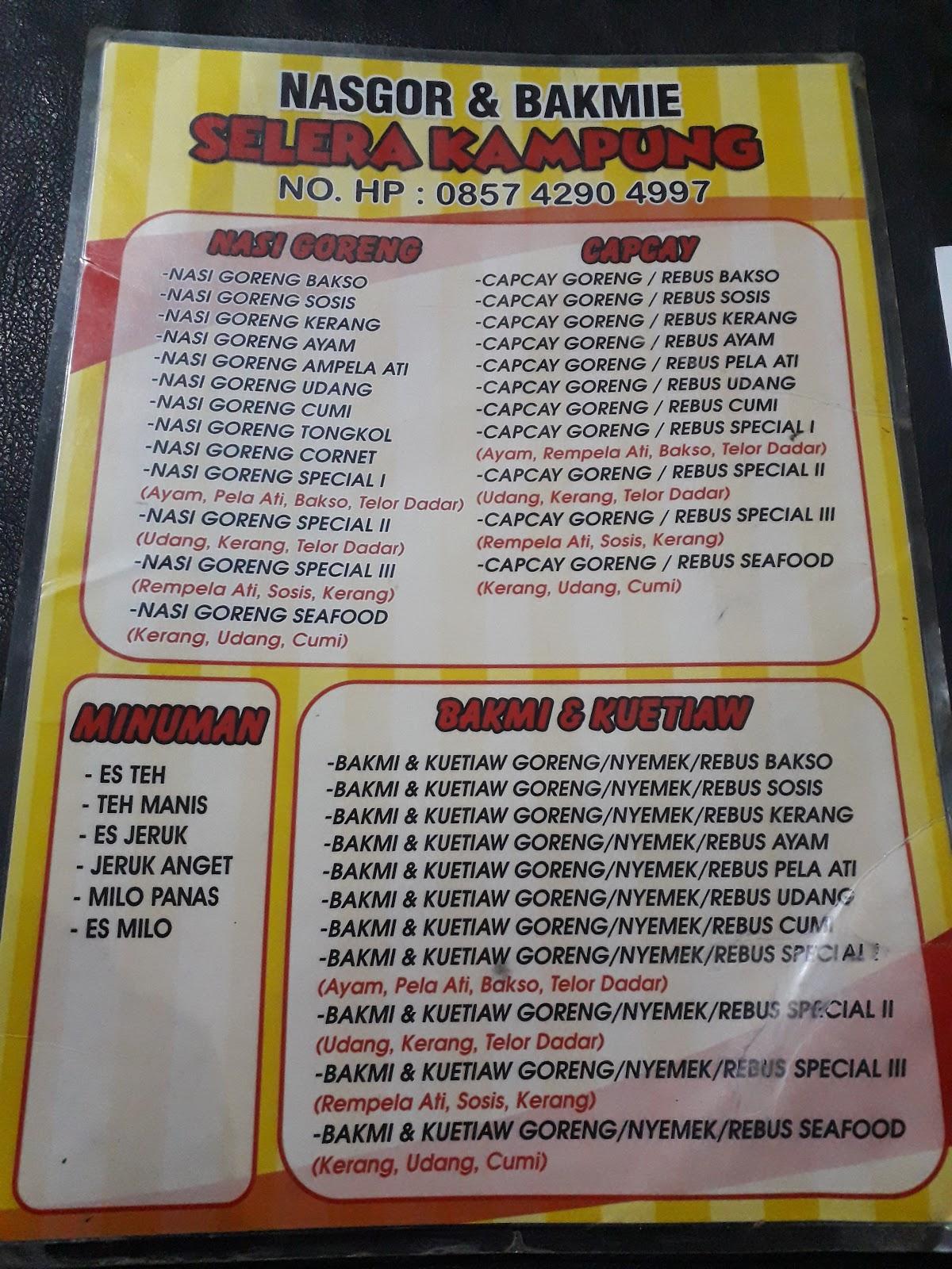 Menu At Bakmi Nasi Goreng SELERA KAMPUNG Restaurant Sokaraja Kulon