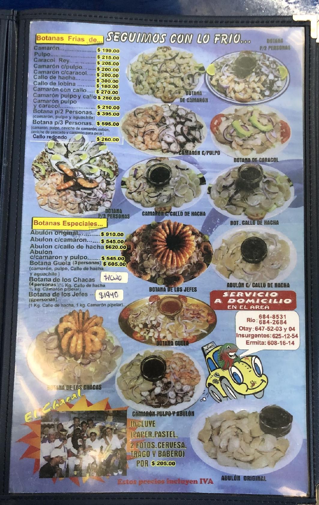 Menu at Mariscos Negro Durazo restaurant, Tijuana, Guillermo Prieto 275